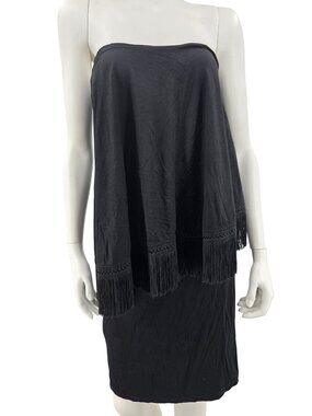 Trina Turk Black Strapless Fringe Hem Boho Dress Size Small